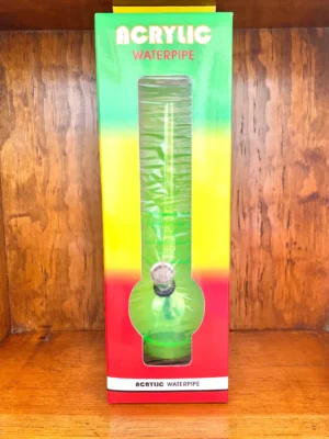 Plain Design Acrylic Bong 10 inch in green yellow and red box on wood background