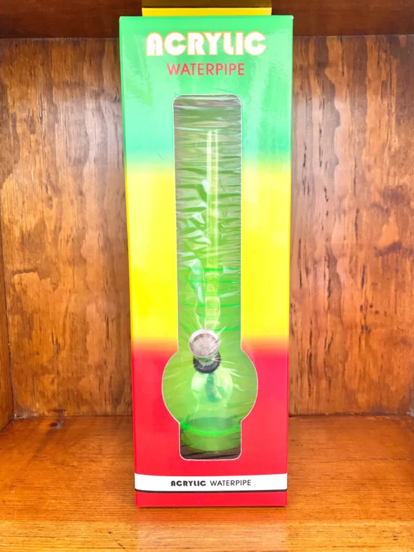 Plain Design Acrylic Bong 10 inch in green yellow and red box on wood background