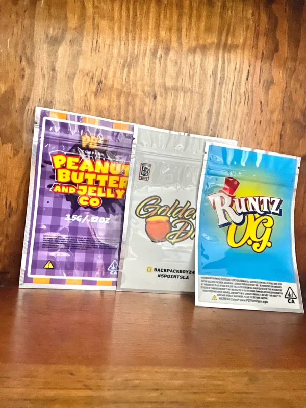 Runtz reusable zip lock bags in many designs on wood background