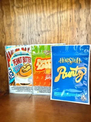 Runtz reusable zip lock bags in many designs on wood background