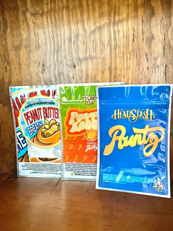 Runtz reusable zip lock bags in many designs on wood background