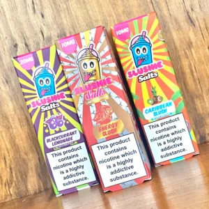 Slushie nicotine salts in 10mg and 20mg in 10ml bottle on wood background
