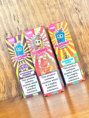 Slushie-nicotine-salts-10ml Slushie nicotine salts in 10mg and 20mg in 10ml bottle on wood background