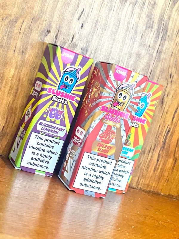 Slushie-nicotine-salts-10ml Slushie nicotine salts in 10mg and 20mg in 10ml bottle on wood background