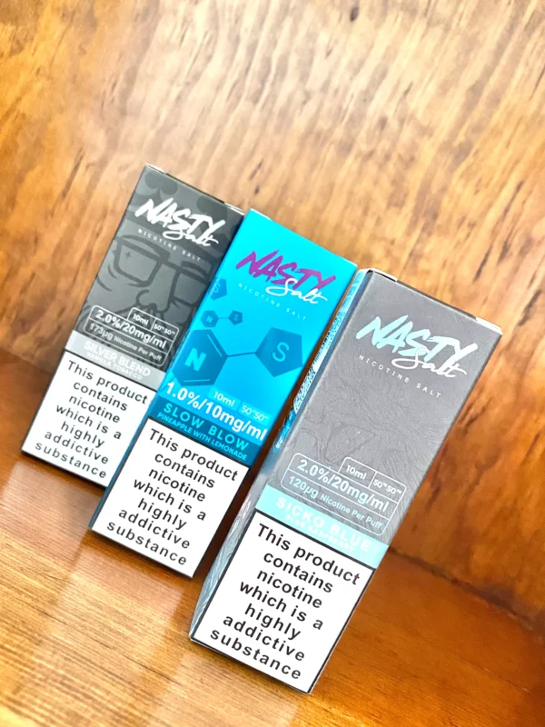Nasty-nicotine-Salt-10ml Nasty nicotine salts 10ml in 10mg and 20mg strengths and a variety of flavours on wood background