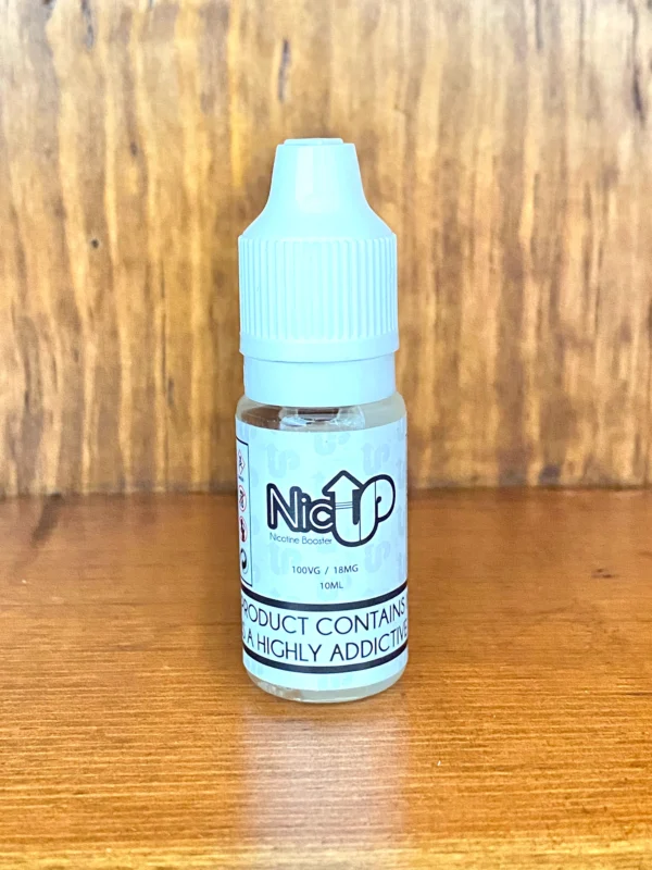 Nic up flavourless nicotine shot in 10ml, 18mg, 100VG on wood background