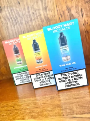 Bloody-Mary-nicotine-salt-10ml Bloody Mary nicotine salts 10ml in 10mg and 20mg strengths and a variety of flavours on wood background