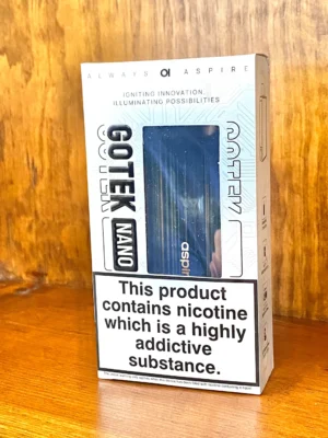 Aspire gotek nano kit in black colour way in white box on wood background