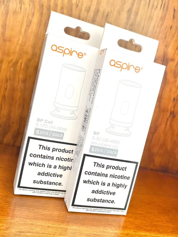 Aspire BP replacement coils 5 pack in white box on wood background