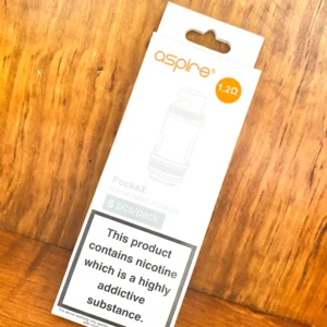 Aspire Pockex replacement coils 5 pack in white box on wood background