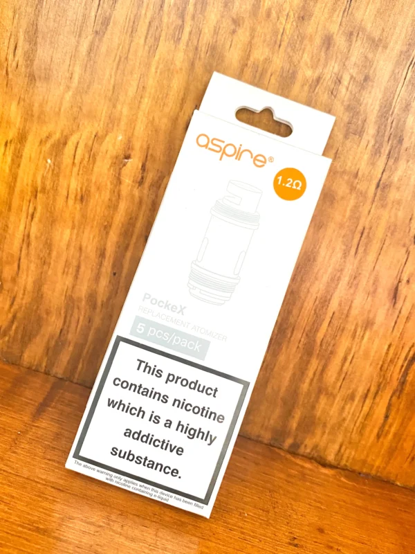 Aspire Pockex replacement coils 5 pack in white box on wood background