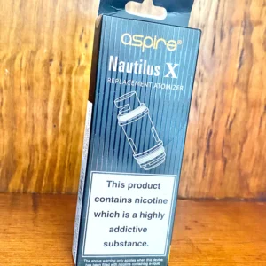 Aspire nautilus X Replacement pods 5 pack in 0.7 in black box on wood background