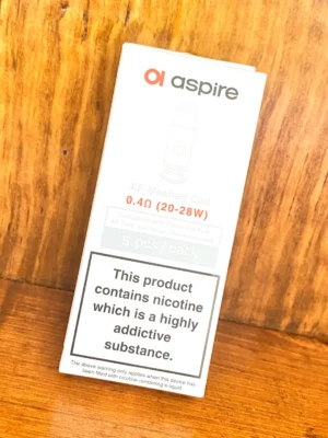 Aspire af replacements coils 5 pack 0.4 ohm in white box on wood background