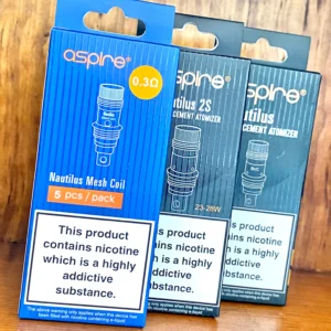 Aspire nautilus replacements coils 5 pack 0.3,0.7.1.8 ohms on wood background