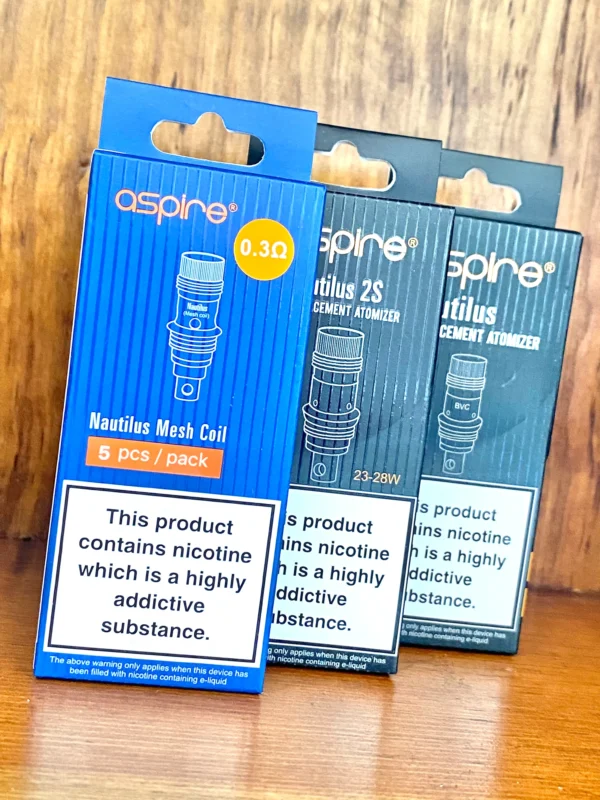 Aspire-nautilus-replacement-coils Aspire nautilus replacements coils 5 pack 0.3,0.7.1.8 ohms on wood background