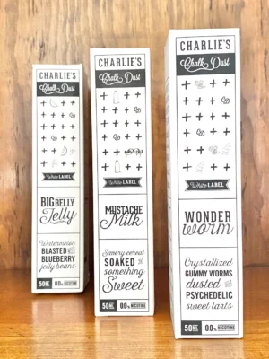 Charlie’s chalk dust 50ml Shortfill in white box on wood background