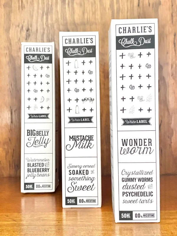 Charlie’s chalk dust 50ml Shortfill in white box on wood background