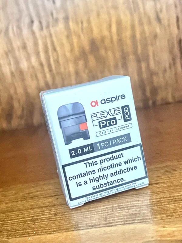 Aspire-Flexus-pro-replacement-pod Aspire Flexus pro replacement pods 2ml in white box on wood background