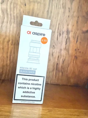 Aspire-Atlantis-SE-replacement-coils Aspire Atlantis SE replacement coils 5 pack 0.3 ohms in white box on wood background