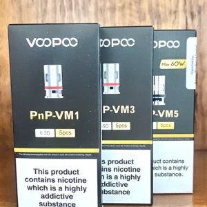 Voopoo pnp replacement coils 5 pack in vm1,vm3,vm4,vm5 on wood background