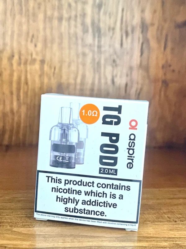 Aspire TG replacement pod 2 pack 2ml 1.0 ohm on wood background