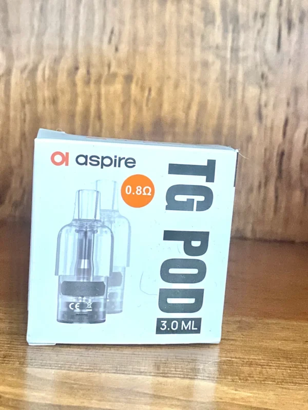 Aspire TG replacement pod 2 pack 3ml 0.8 ohm on wood background