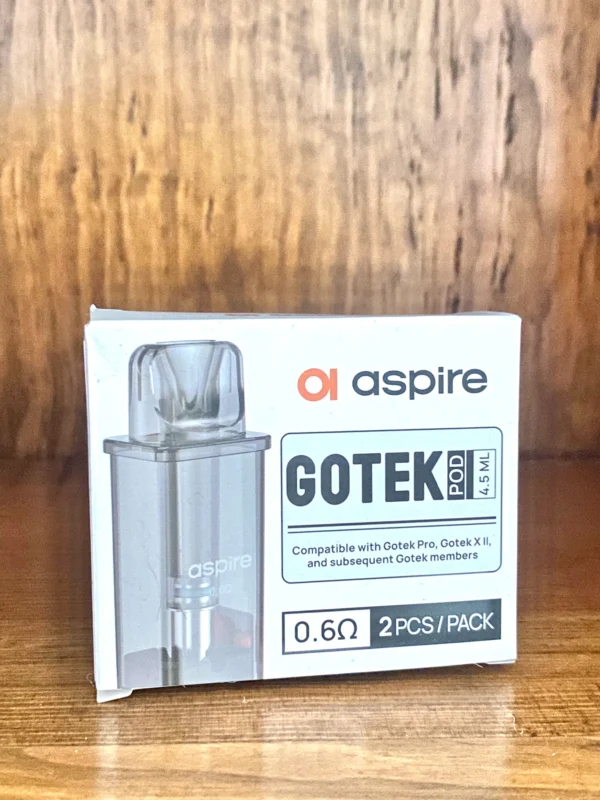 Aspire-Gotek-Replacement-pod Aspire Gotek replacement pods 2ml and 4.5ml on wood background