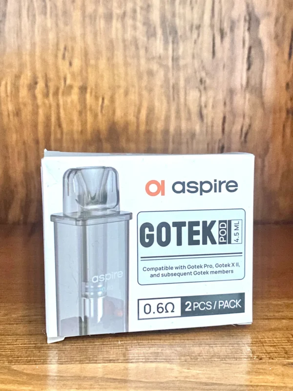Aspire Gotek replacement pods 2ml and 4.5ml on wood background