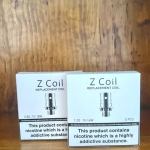 Innokin zenith replacement coils 5 pack 0.8,1.2 ohms in white box on wood background