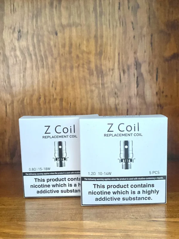 Innokin zenith replacement coils 5 pack 0.8,1.2 ohms in white box on wood background