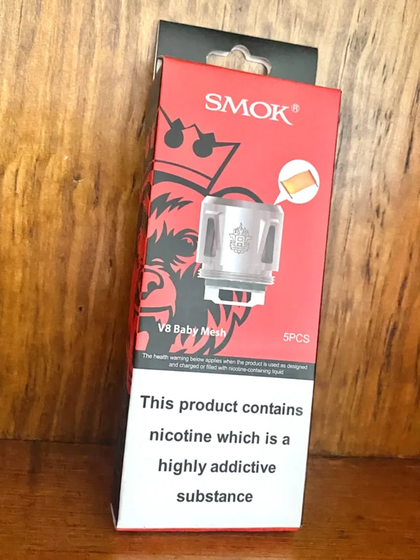 Smok V8 baby mesh replacement coils 5 pack on wood background