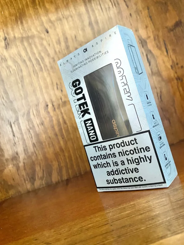 Aspire gotek nano kit in black colour way in white box on wood background