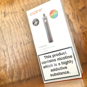 Aspire Pockex kit rainbow colour way type c charge on wood background