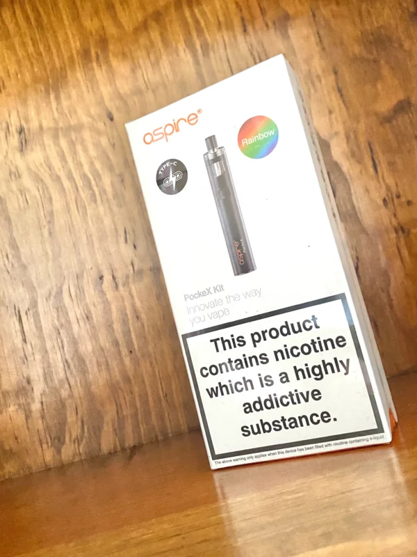 Aspire-Pockex-kit Aspire Pockex kit rainbow colour way type c charge on wood background