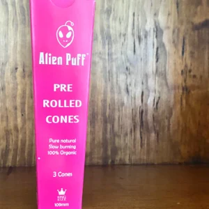 Alien puff pre rolled cones 3 pack in pink box on wood background