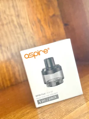Aspire-BP-80-replacement-empty-pod Aspire BP80 replacement empty pod 4.6ml in white box on wood background