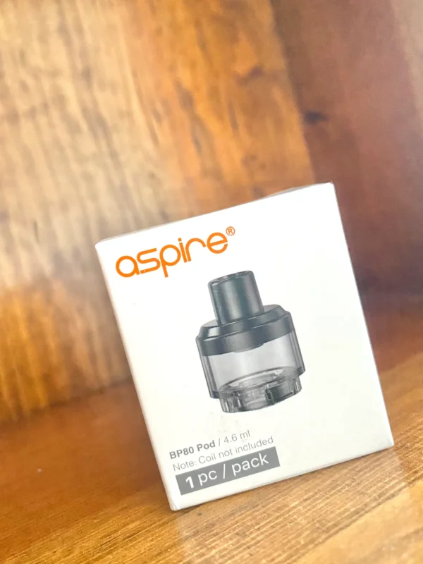 Aspire BP80 replacement empty pod 4.6ml in white box on wood background