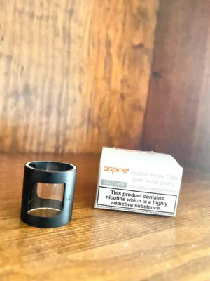 Aspire Pockex replacement glass 1 pack black colour on wood background