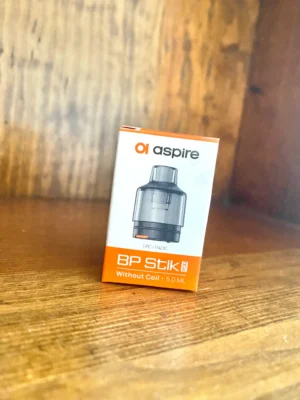 Aspire-BP-stik-replacement-empty-pod Aspire BP stik replacement empty pod 5ml in box on wood background